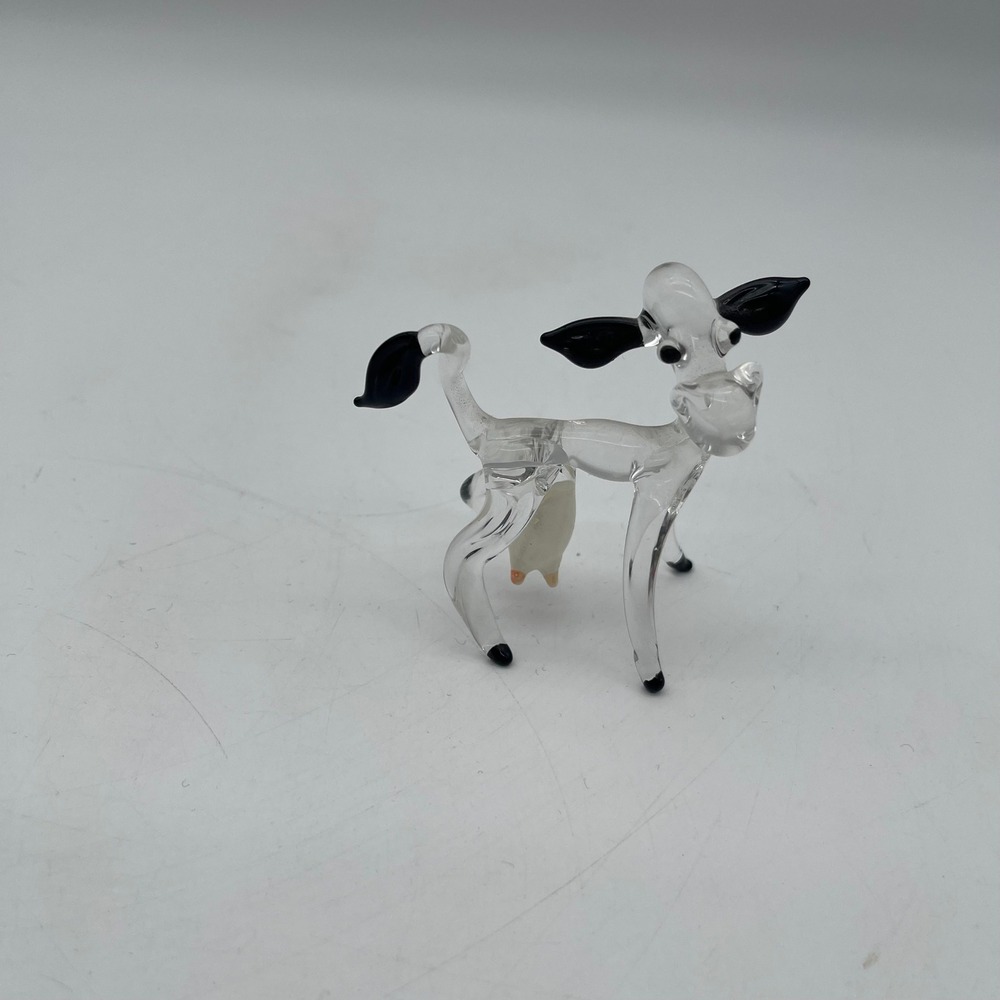 Vintage Hand Blown Clear Art Glass Cow Figurine Miniature Black Accents